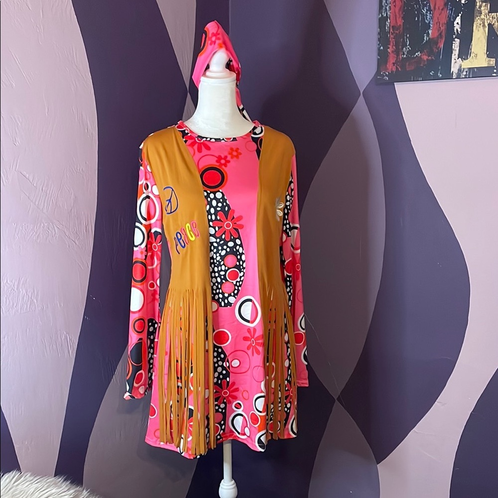 Retro Pink and Orange Fringe Dress with Headscarf